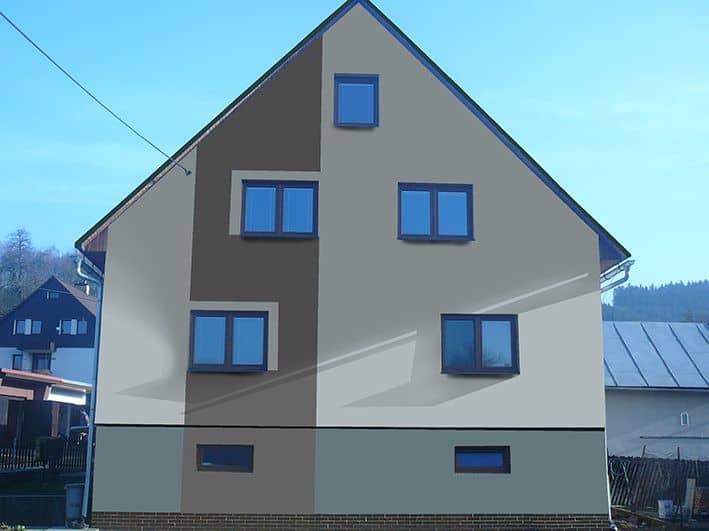 Návrh rekonstrukce fasády a střechy - zadní pohled - varianta 5